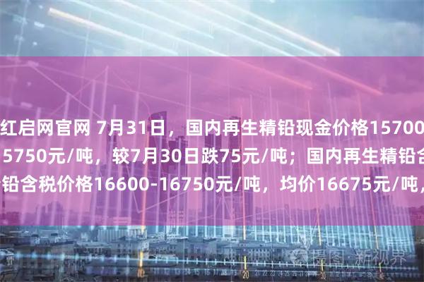 红启网官网 7月31日，国内再生精铅现金价格15700-15800元/吨，均价15750元/吨，较7月30日跌75元/吨；国内再生精铅含税价格16600-16750元/吨，均价16675元/吨，较7月30日跌75元/吨。
